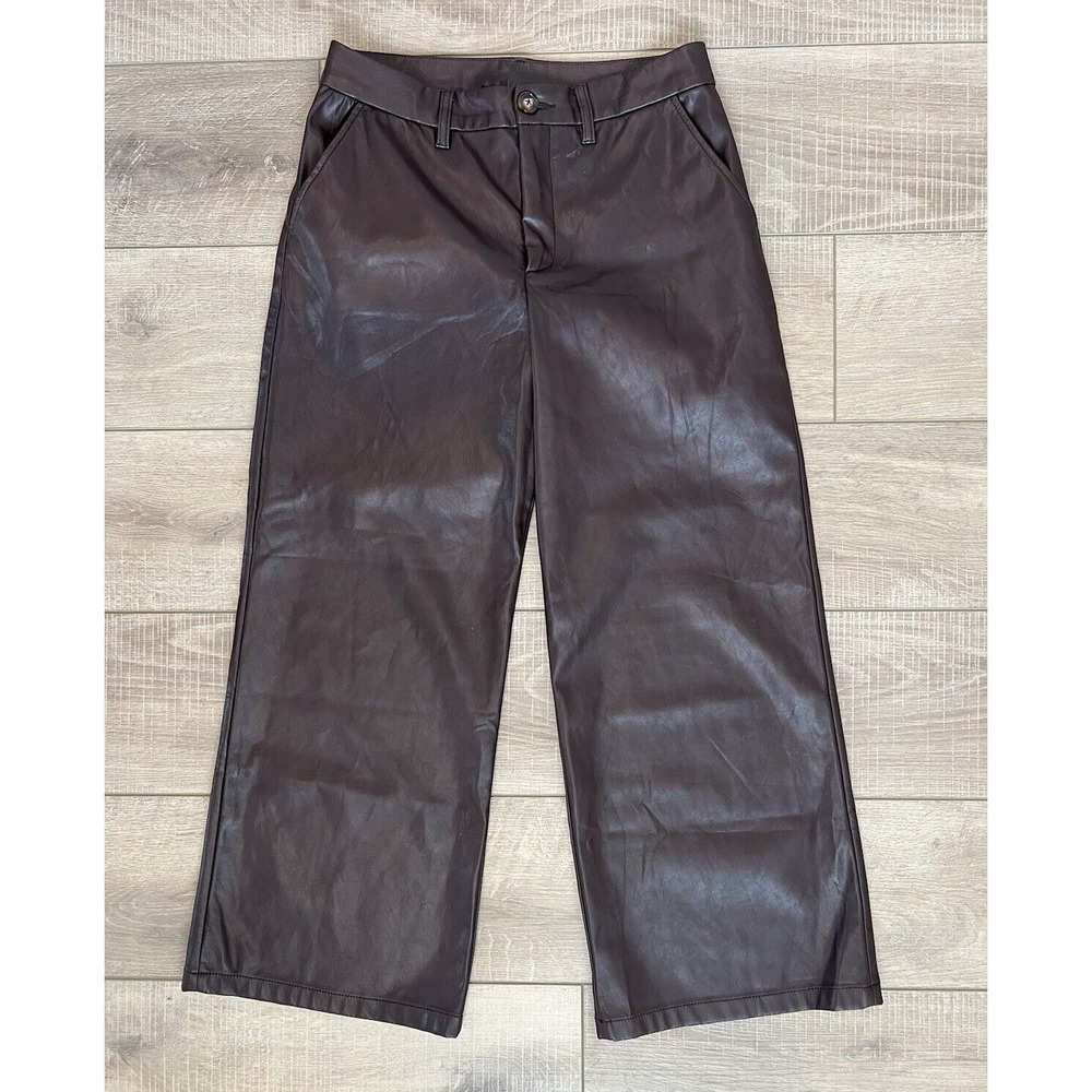 KUT from the Kloth Faux Leather Pants Womens 4 Brown Wide Leg Cropped KB42602